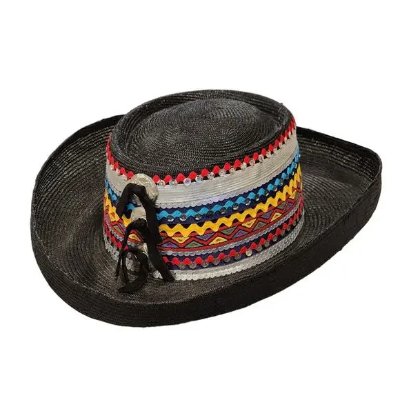 Vintage Southwest Statement Straw Hat Black Western Concho Festival Cowgirl Rare - Picture 8 of 13